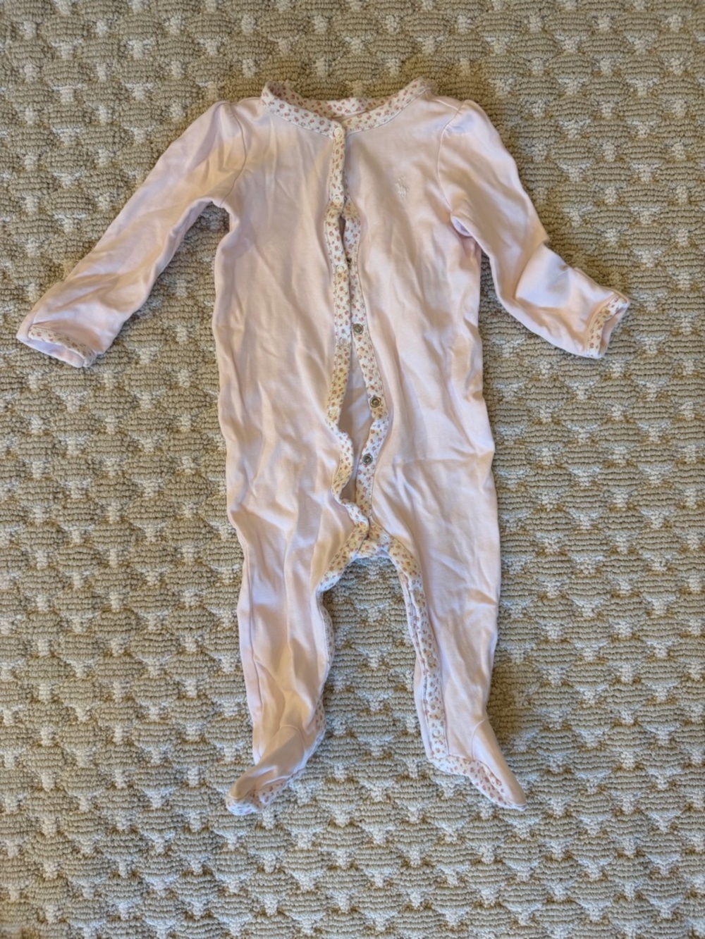 Ralph Lauren Light Pink Footed Baby One-Piece with Floral Trim